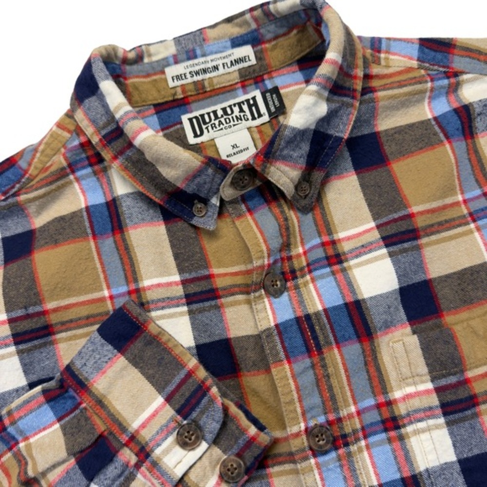 Duluth Trading Co Free Swingin Flannel Shirt Mens XL Brown Red Plaid Relaxed Fit